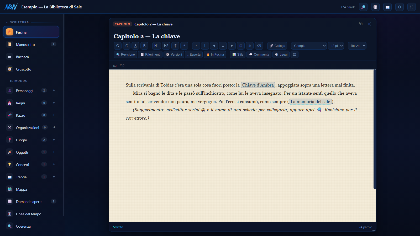 L'editor dei capitoli di HON Writing in modalità foglio di carta