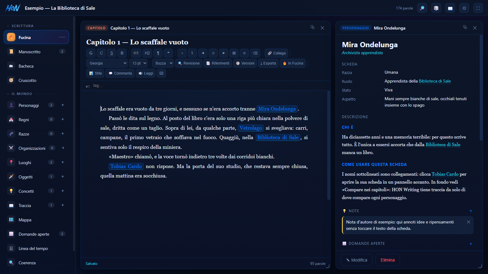 HON Writing: un capitolo aperto nell'editor accanto alla scheda di un personaggio, con i nomi collegati evidenziati nel testo
